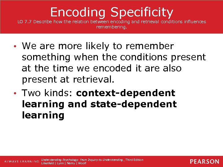 Encoding Specificity LO 7. 7 Describe how the relation between encoding and retrieval conditions
