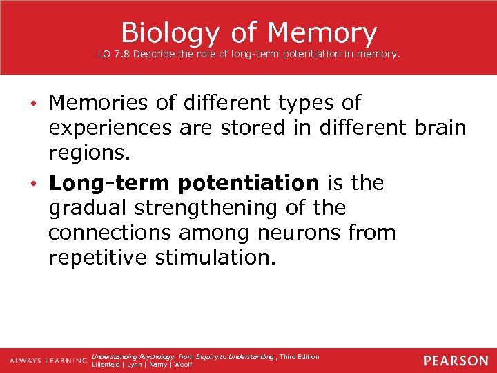 Biology of Memory LO 7. 8 Describe the role of long-term potentiation in memory.