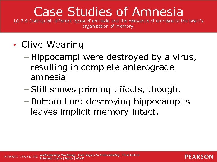 Case Studies of Amnesia LO 7. 9 Distinguish different types of amnesia and the