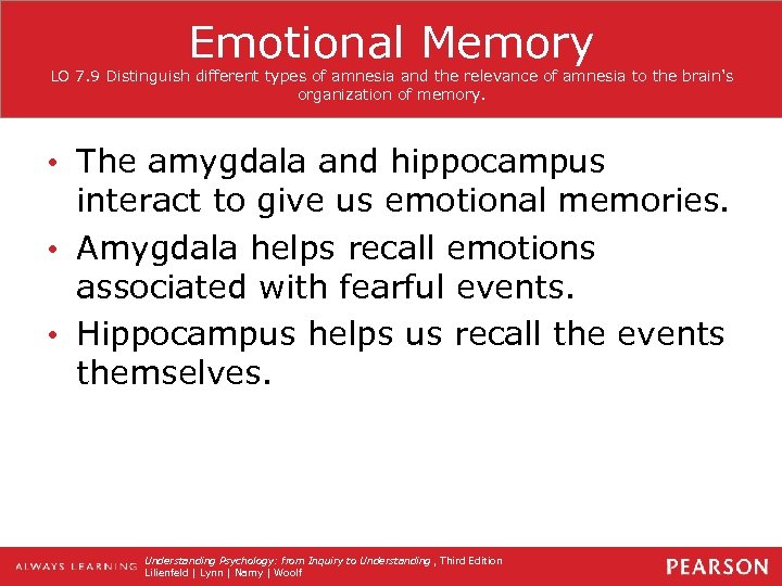 Emotional Memory LO 7. 9 Distinguish different types of amnesia and the relevance of