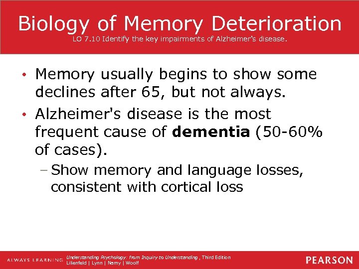 Biology of Memory Deterioration LO 7. 10 Identify the key impairments of Alzheimer's disease.