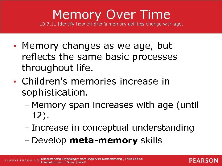 Memory Over Time LO 7. 11 Identify how children's memory abilities change with age.