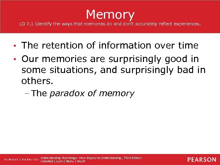 Memory LO 7. 1 Identify the ways that memories do and don't accurately reflect