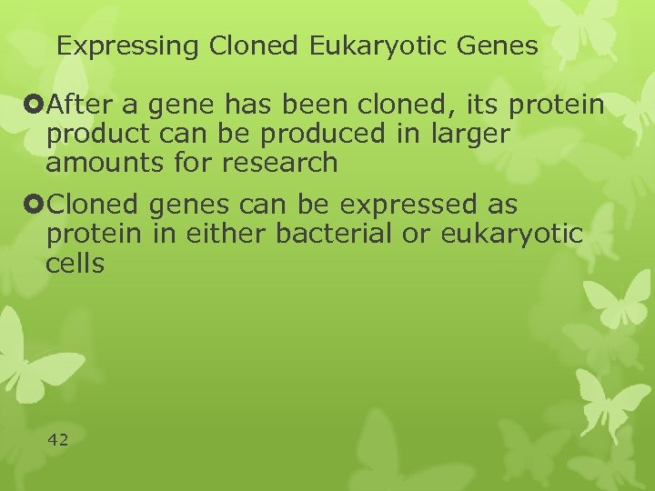 Expressing Cloned Eukaryotic Genes After a gene has been cloned, its protein product can
