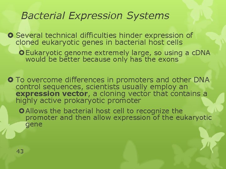 Bacterial Expression Systems Several technical difficulties hinder expression of cloned eukaryotic genes in bacterial