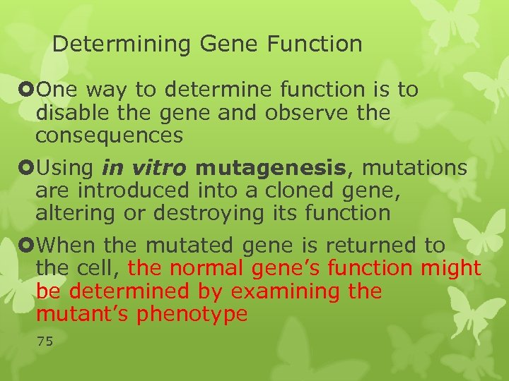 Determining Gene Function One way to determine function is to disable the gene and