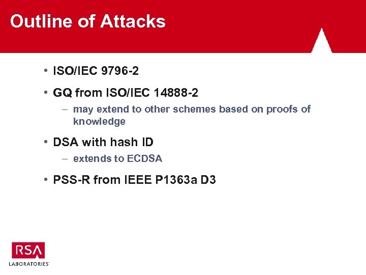 Outline of Attacks • ISO/IEC 9796 -2 • GQ from ISO/IEC 14888 -2 –