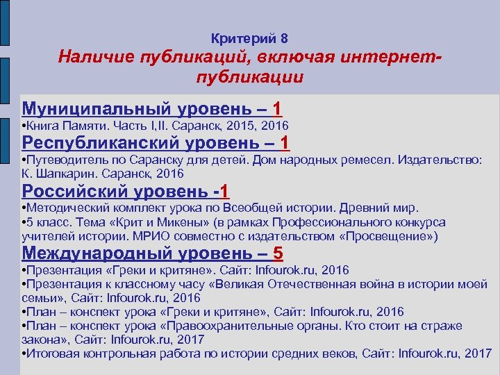 Критерий 8 Наличие публикаций, включая интернетпубликации Муниципальный уровень – 1 • Книга Памяти. Часть