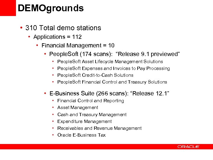 DEMOgrounds • 310 Total demo stations • Applications = 112 • Financial Management =