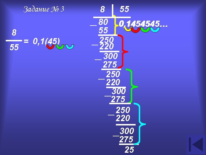Задание № 3 8 55 = 0, 1(45) 55 8 80 0, 1454545… 55
