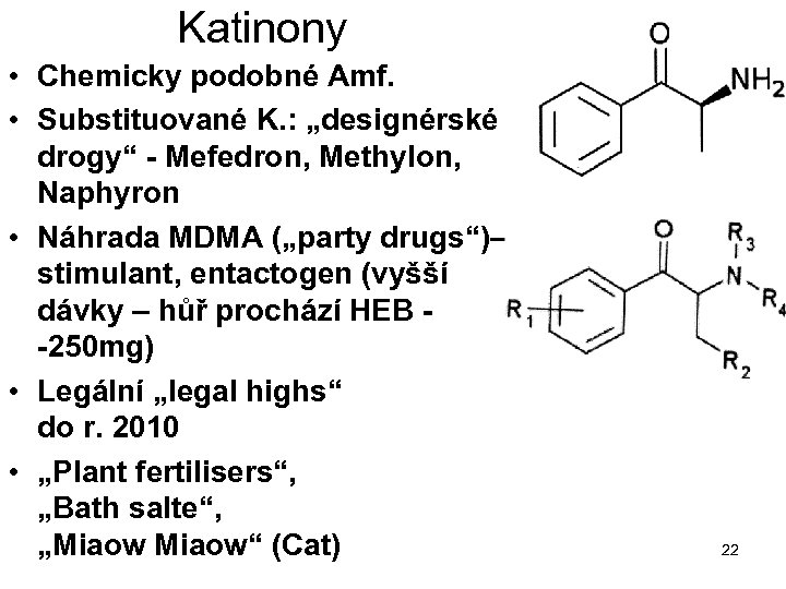 Katinony • Chemicky podobné Amf. • Substituované K. : „designérské drogy“ - Mefedron, Methylon,