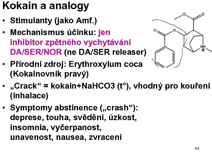 Kokain a analogy • Stimulanty (jako Amf. ) • Mechanismus účinku: jen inhibitor zpětného