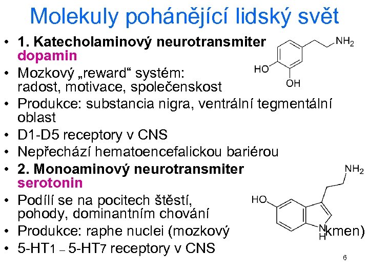 Molekuly pohánějící lidský svět • 1. Katecholaminový neurotransmiter dopamin • Mozkový „reward“ systém: radost,