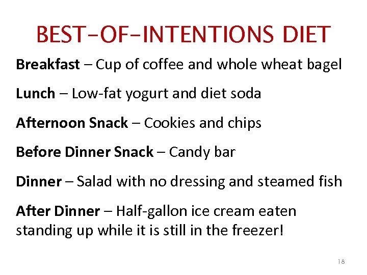 BEST-OF-INTENTIONS DIET Breakfast – Cup of coffee and whole wheat bagel Lunch – Low-fat