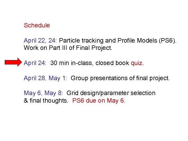 Schedule April 22, 24: Particle tracking and Profile Models (PS 6). Work on Part