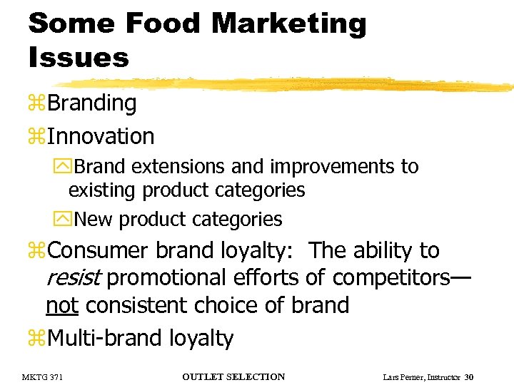 Some Food Marketing Issues z. Branding z. Innovation y. Brand extensions and improvements to