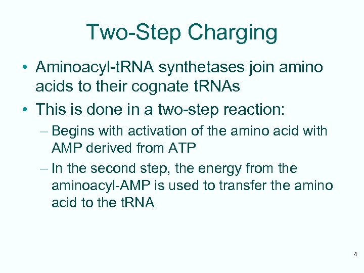 Two-Step Charging • Aminoacyl-t. RNA synthetases join amino acids to their cognate t. RNAs