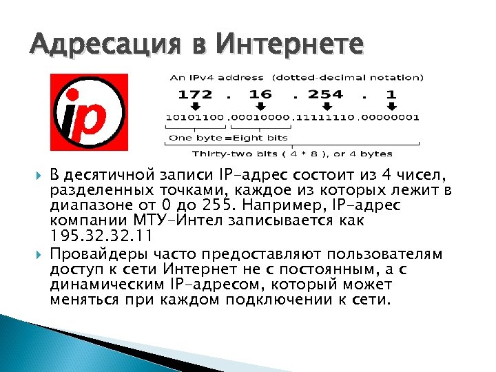 Адресация в Интернете В десятичной записи IP-адрес состоит из 4 чисел, разделенных точками, каждое