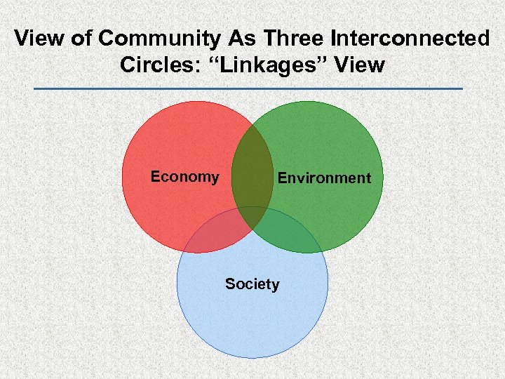 View of Community As Three Interconnected Circles: “Linkages” View Economy Environment Society 