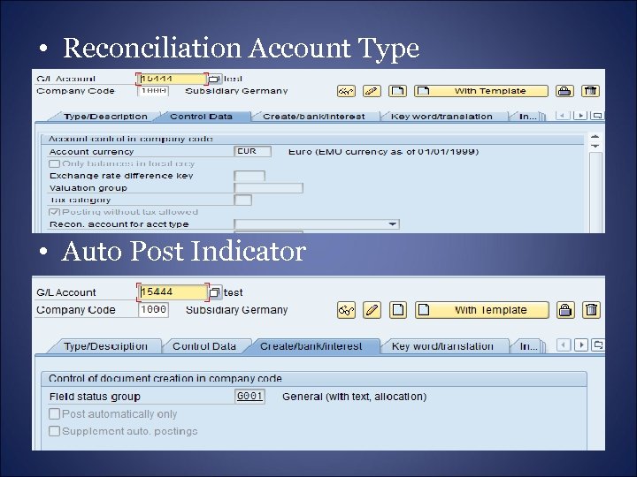  • Reconciliation Account Type • Auto Post Indicator 