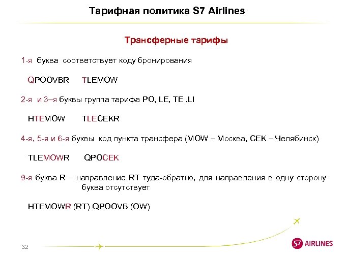 Тарифная политика S 7 Airlines Трансферные тарифы 1 -я буква соответствует коду бронирования QPOOVBR