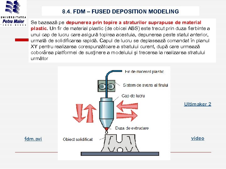 8. 4. FDM – FUSED DEPOSITION MODELING Se bazează pe depunerea prin topire a