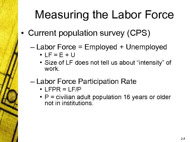 Measuring the Labor Force • Current population survey (CPS) – Labor Force = Employed