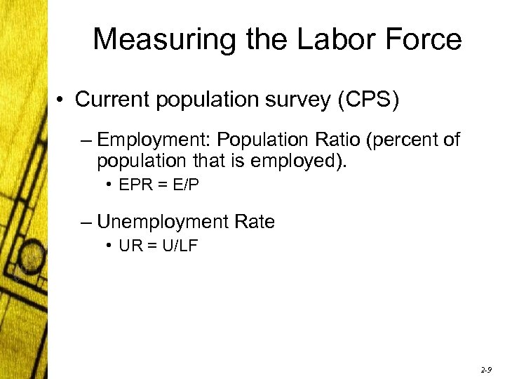 Measuring the Labor Force • Current population survey (CPS) – Employment: Population Ratio (percent