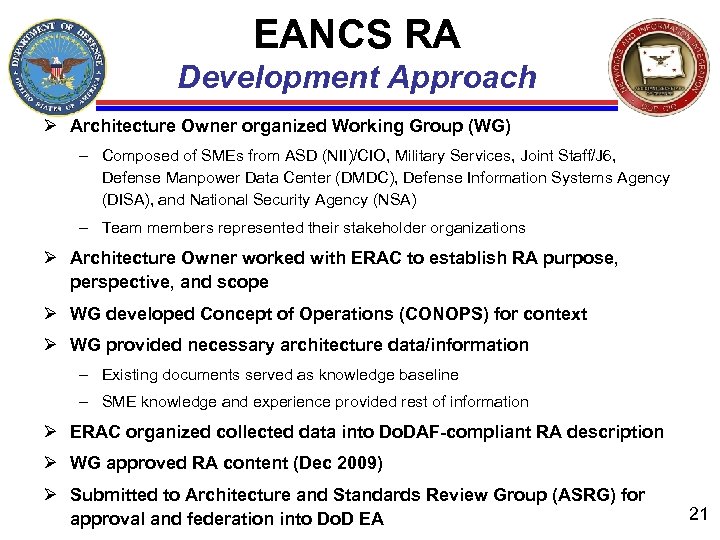 EANCS RA Development Approach Ø Architecture Owner organized Working Group (WG) – Composed of