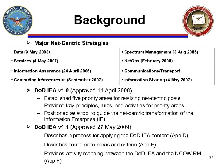 Background Ø Major Net-Centric Strategies • Data (9 May 2003) • Spectrum Management (3