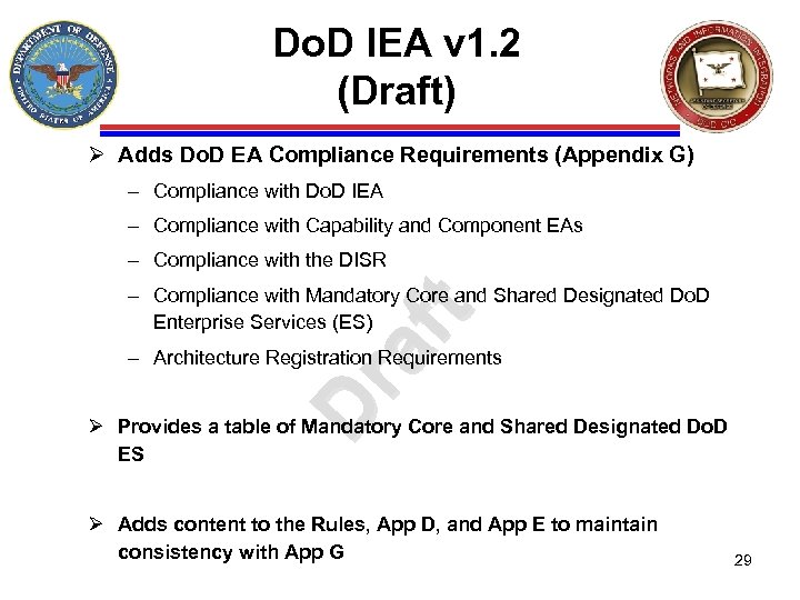 Do. D IEA v 1. 2 (Draft) Ø Adds Do. D EA Compliance Requirements