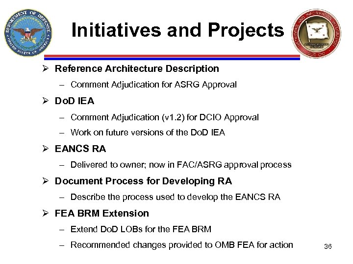 Initiatives and Projects Ø Reference Architecture Description – Comment Adjudication for ASRG Approval Ø