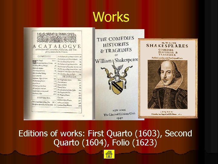 Works Editions of works: First Quarto (1603), Second Quarto (1604), Folio (1623) 