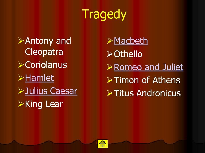 Tragedy Ø Antony and Cleopatra Ø Coriolanus Ø Hamlet Ø Julius Caesar Ø King