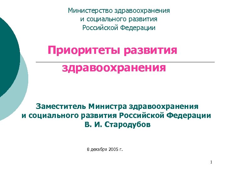 Министерство здравоохранения и социального развития Российской Федерации Приоритеты развития здравоохранения Заместитель Министра здравоохранения и