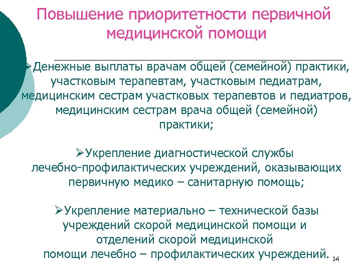 Повышение приоритетности первичной медицинской помощи ØДенежные выплаты врачам общей (семейной) практики, участковым терапевтам, участковым