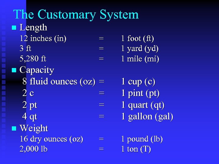 The Customary System n Length 12 inches (in) 3 ft 5, 280 ft =