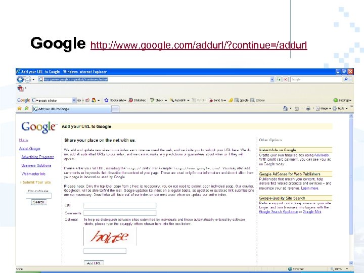 Google http: //www. google. com/addurl/? continue=/addurl 