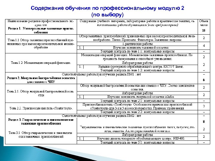Содержание обучения по профессиональному модулю 2 (по выбору) 