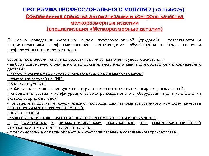 ПРОГРАММА ПРОФЕССИОНАЛЬНОГО МОДУЛЯ 2 (по выбору) Современные средства автоматизации и контроля качества мелкоразмерных изделий