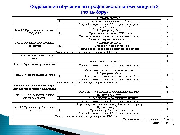 Содержание обучения по профессиональному модулю 2 (по выбору) 