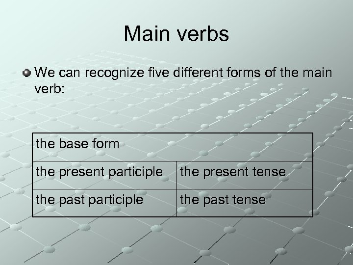 Main verbs We can recognize five different forms of the main verb: the base