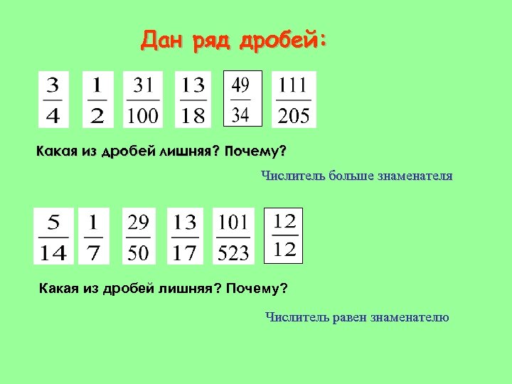 Дан ряд дробей: Какая из дробей лишняя? Почему? Числитель больше знаменателя Какая из дробей