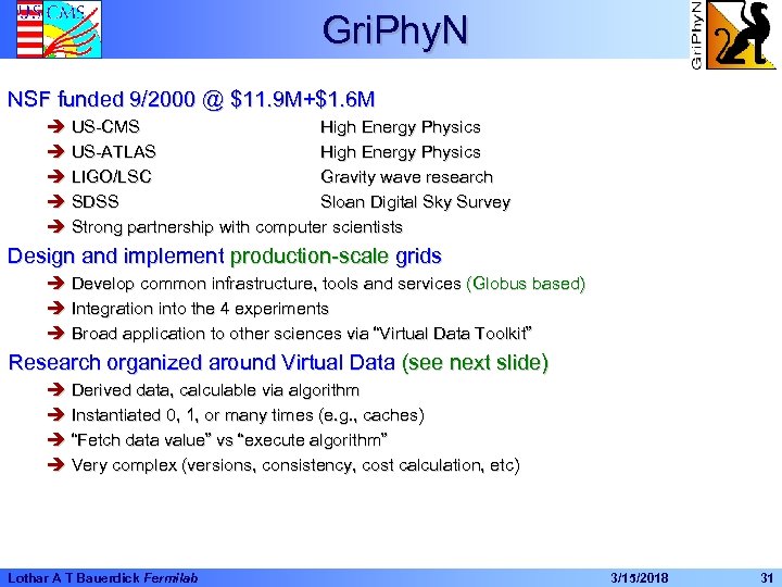 Gri. Phy. N NSF funded 9/2000 @ $11. 9 M+$1. 6 M è US-CMS