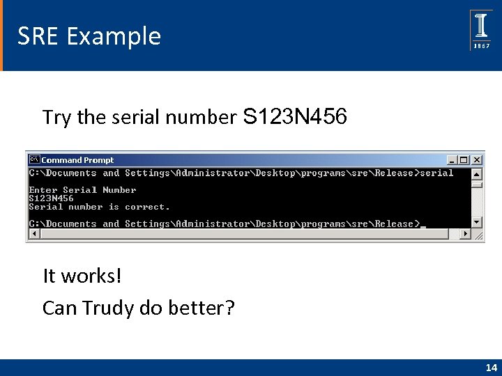 SRE Example Try the serial number S 123 N 456 It works! Can Trudy