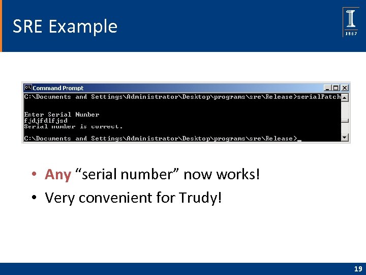 SRE Example • Any “serial number” now works! • Very convenient for Trudy! 19