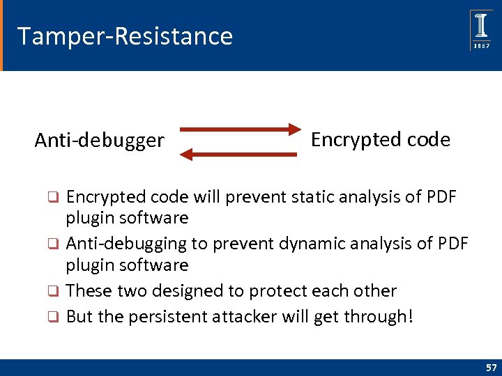 Tamper-Resistance Anti-debugger Encrypted code will prevent static analysis of PDF plugin software q Anti-debugging