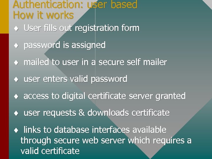 Authentication: user based How it works ¨ User fills out registration form ¨ password