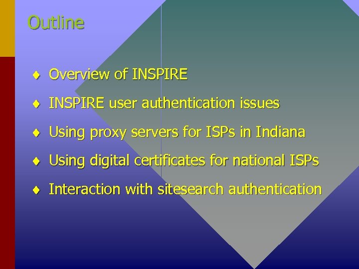 Outline ¨ Overview of INSPIRE ¨ INSPIRE user authentication issues ¨ Using proxy servers