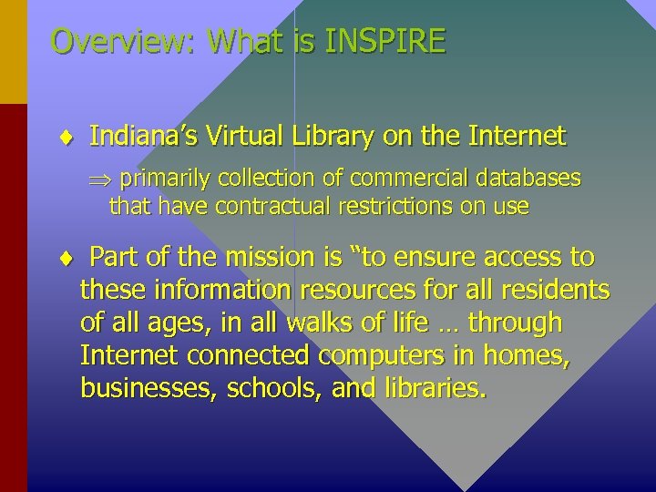 Overview: What is INSPIRE ¨ Indiana’s Virtual Library on the Internet Þ primarily collection